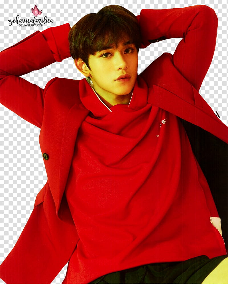 NCT Lucas DAZED, man wearing red blazer and red inner shirt with hands on head transparent background PNG clipart