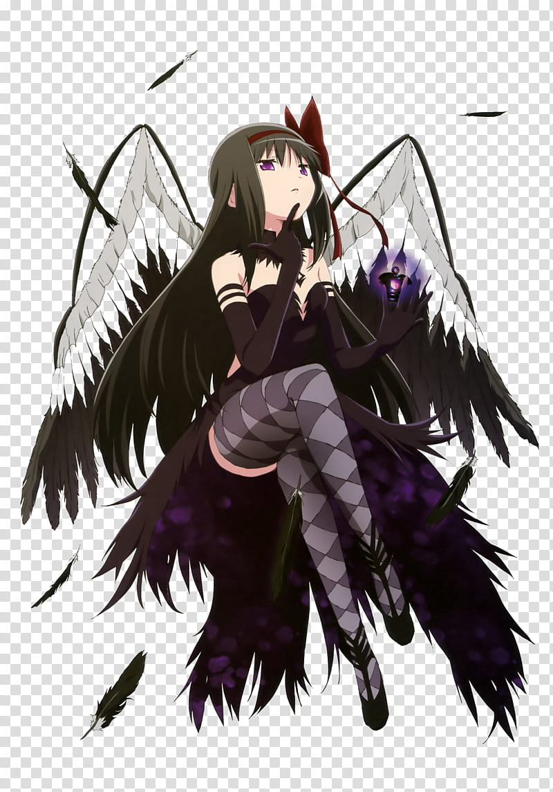 Madoka Magica Akemi Homura Ver, winged female anime character sitting with legs crossed transparent background PNG clipart