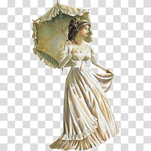 Vintage ll, woman wearing white long-sleeved dress holding umbrella painting transparent background PNG clipart