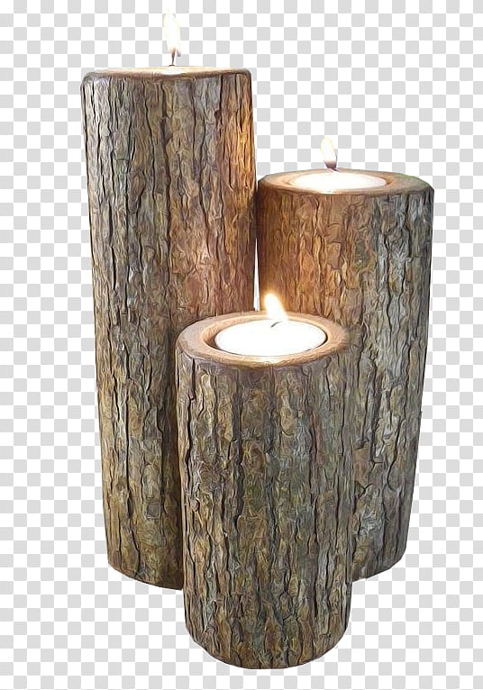 WOOD, three lighted candles with log holders transparent background PNG clipart