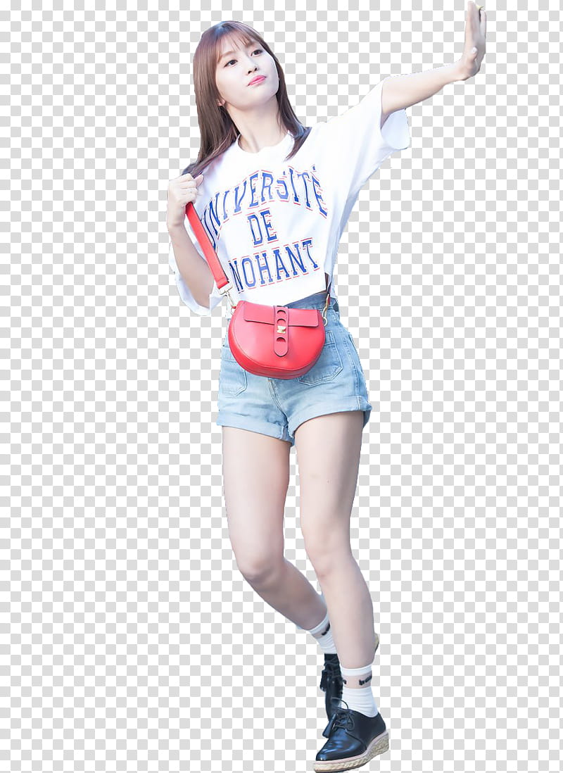 RENDER TWICE MOMO  s, woman wearing white cap-sleeved shirt, red leather saddle bag, and blue denim cuffed short shorts transparent background PNG clipart