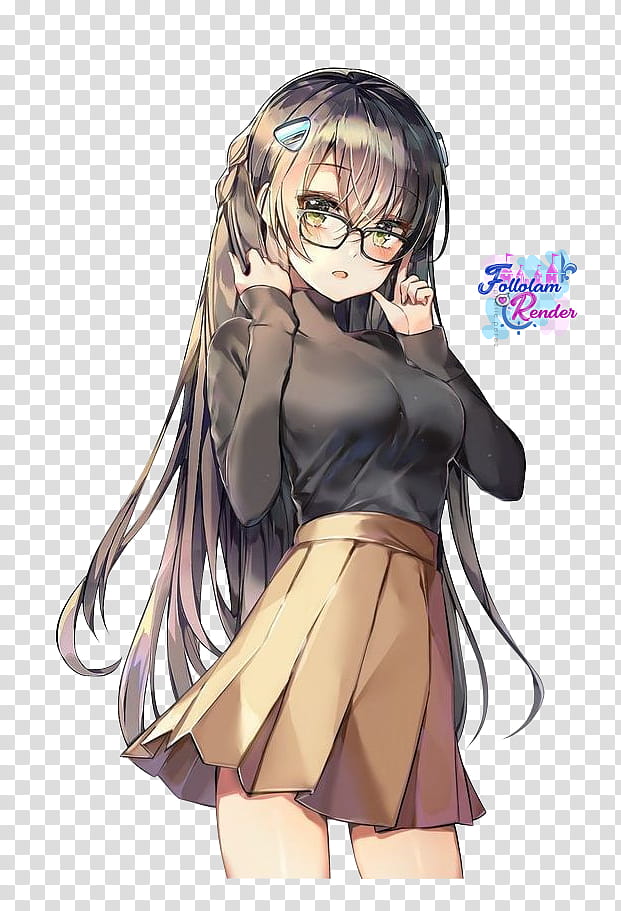 Anime girl with skirt and glasses Render transparent background PNG clipart