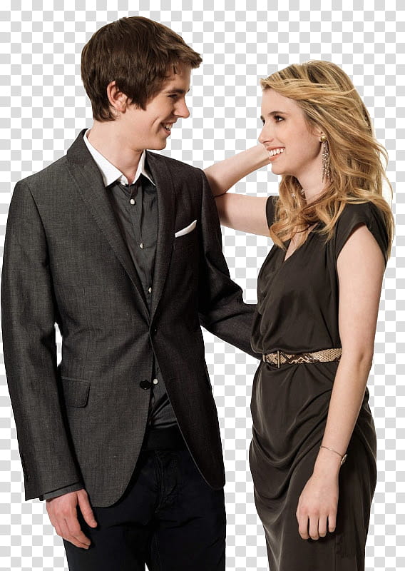 Freddie Highmore y Emma Roberts, man standing beside smiling woman transparent background PNG clipart
