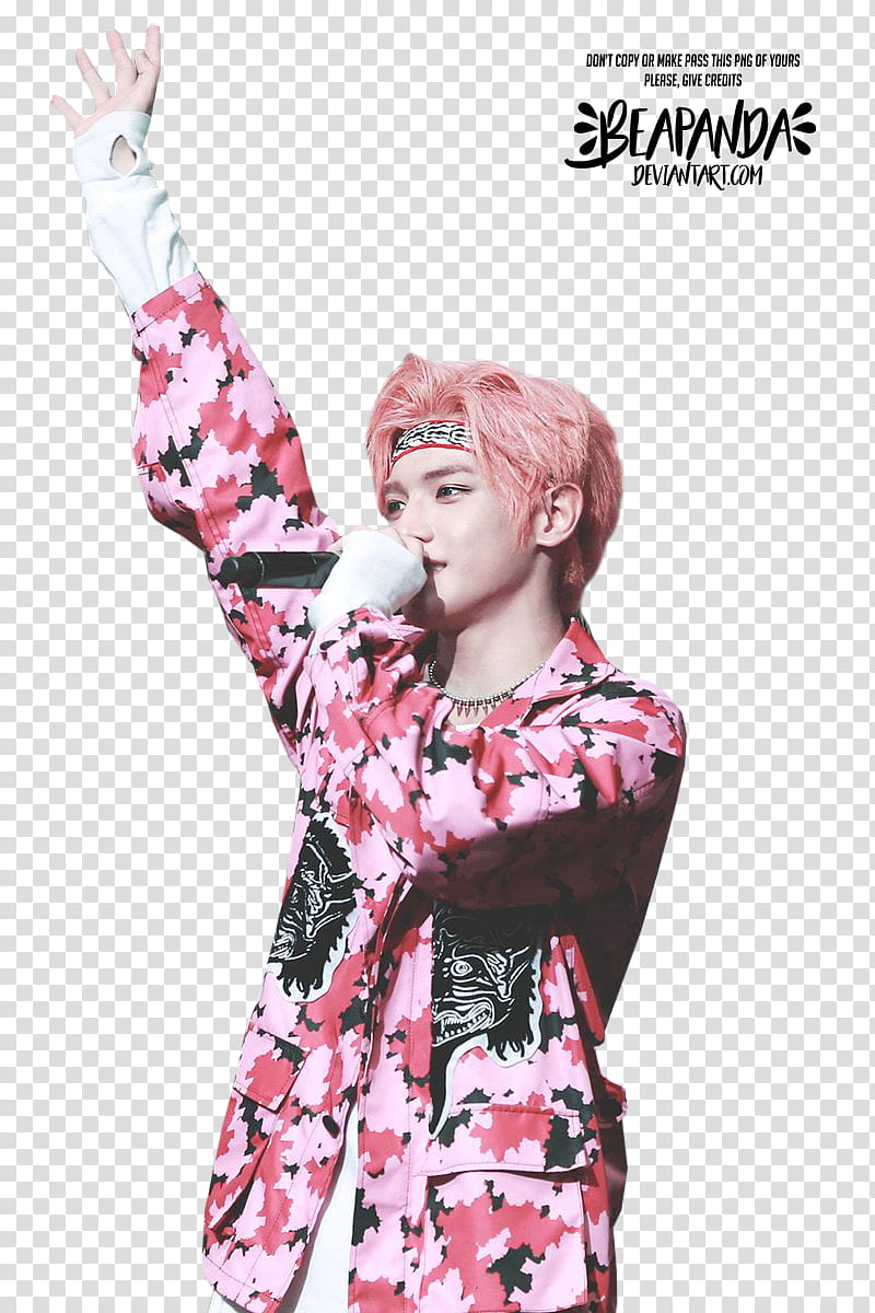 Taeyong NCT, man holding microphone raising his right hand transparent background PNG clipart