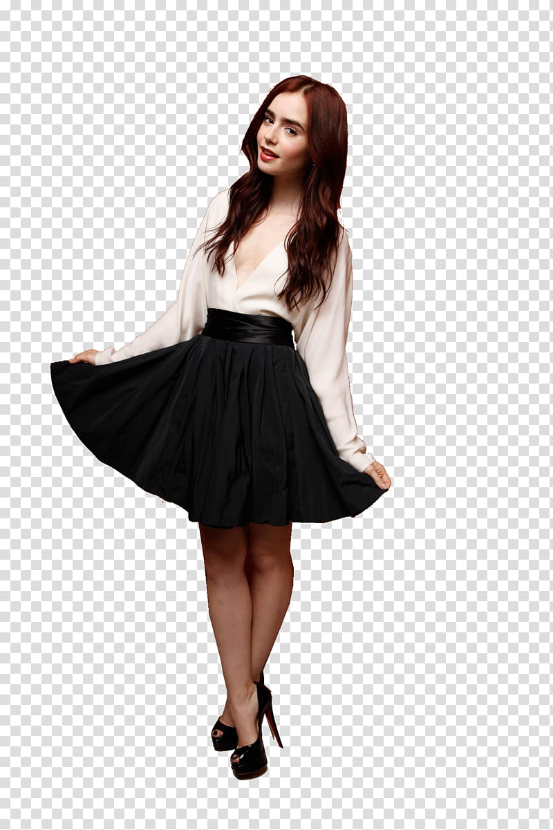 Lily Collins, woman in white long sleeved shirt and black skirt transparent background PNG clipart
