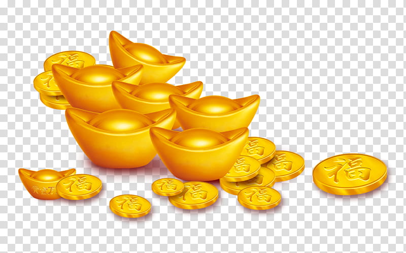 Chinese New Year Gold Coin, Sycee, Gold Bar, Ingot, Yellow, Food, Vegetarian Food, Fruit transparent background PNG clipart