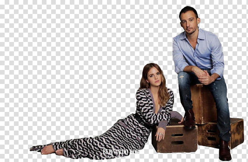 EMMA WATSON, man sitting on brown box beside woman lying on floor transparent background PNG clipart