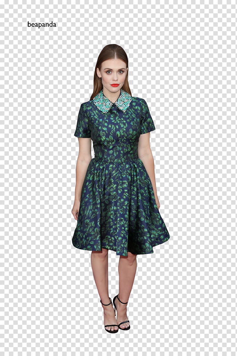 Holland Roden, woman in green floral collared dress and black ankle strap heeled sandals transparent background PNG clipart