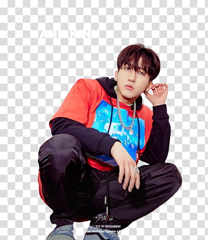 Changbin Miroh wearing red, blue, and white hooded jacket sitting transparent background PNG clipart