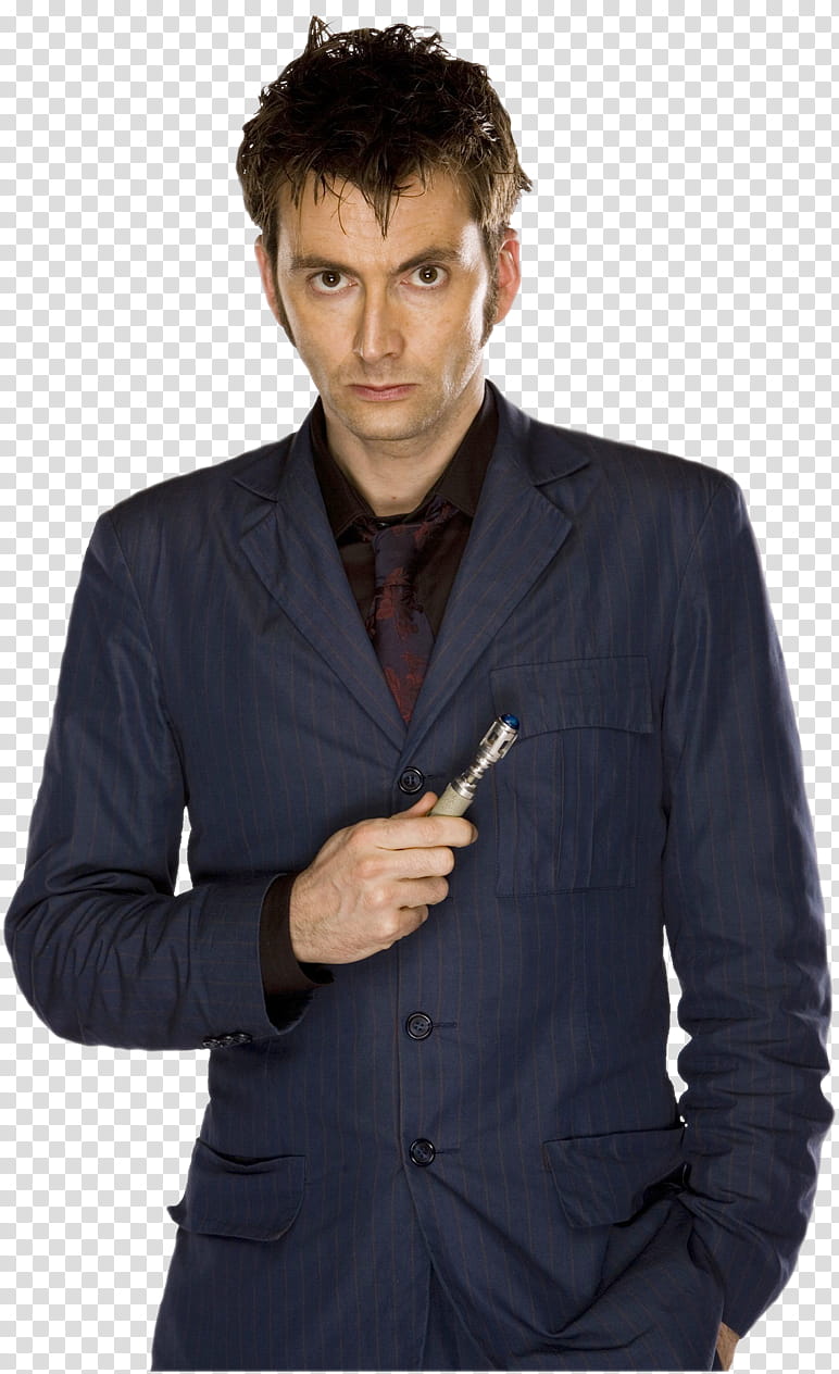 Ten, Doctor Who David Tennant wearing blue notched lapel suit jacket standing transparent background PNG clipart