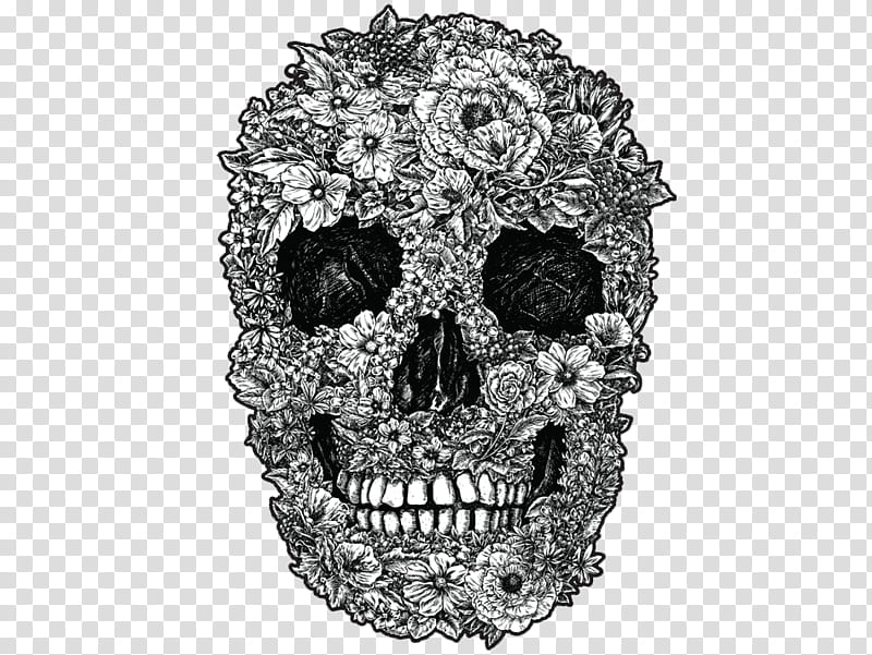 Black And White Flower, Calavera, Skull, Floral Design, Drawing, Bone, Black And White transparent background PNG clipart