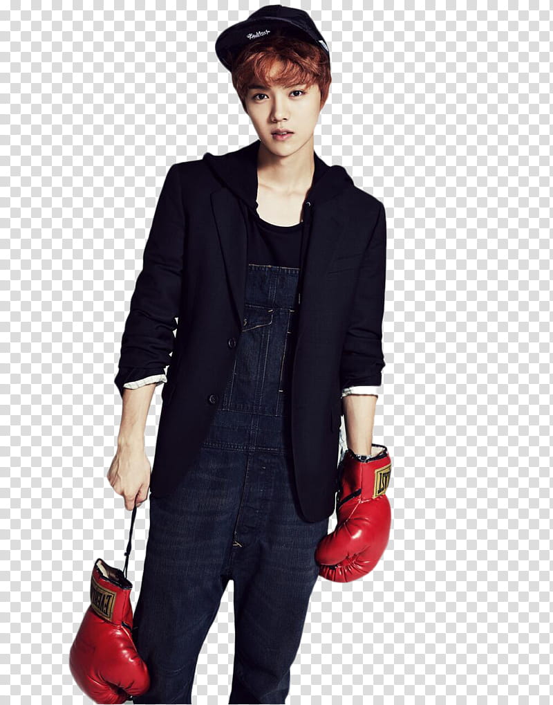 Render EXO for  Season Greet , man in black blazer with red boxing gloves transparent background PNG clipart