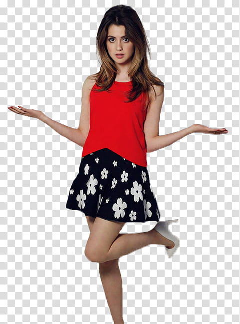 Laura Marano, woman wearing red shirt and skirt standing with one leg transparent background PNG clipart