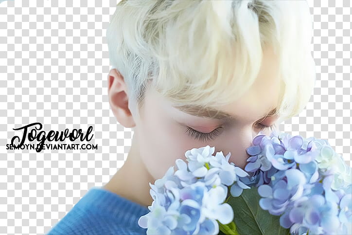 SEVENTEEN TEEN AGE WHITE TEASER, man sniffing bunch of flowers transparent background PNG clipart