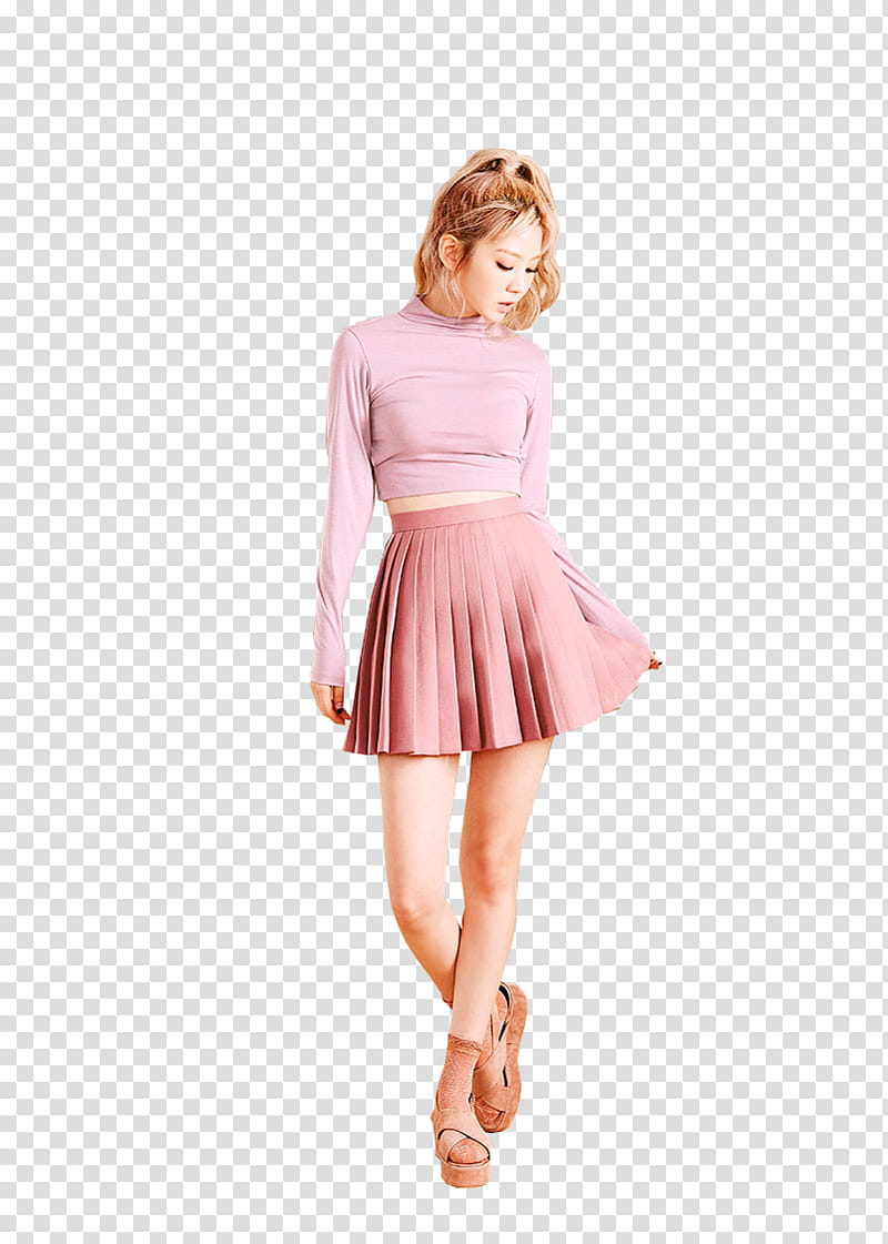 CHAE EUN, woman wearing pink long-sleeved crop top and plated mini skirt transparent background PNG clipart
