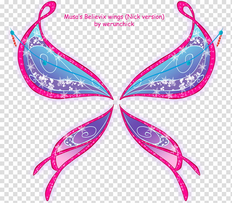 Musa Believix wings, pink and blue wings illustration with text overlay transparent background PNG clipart