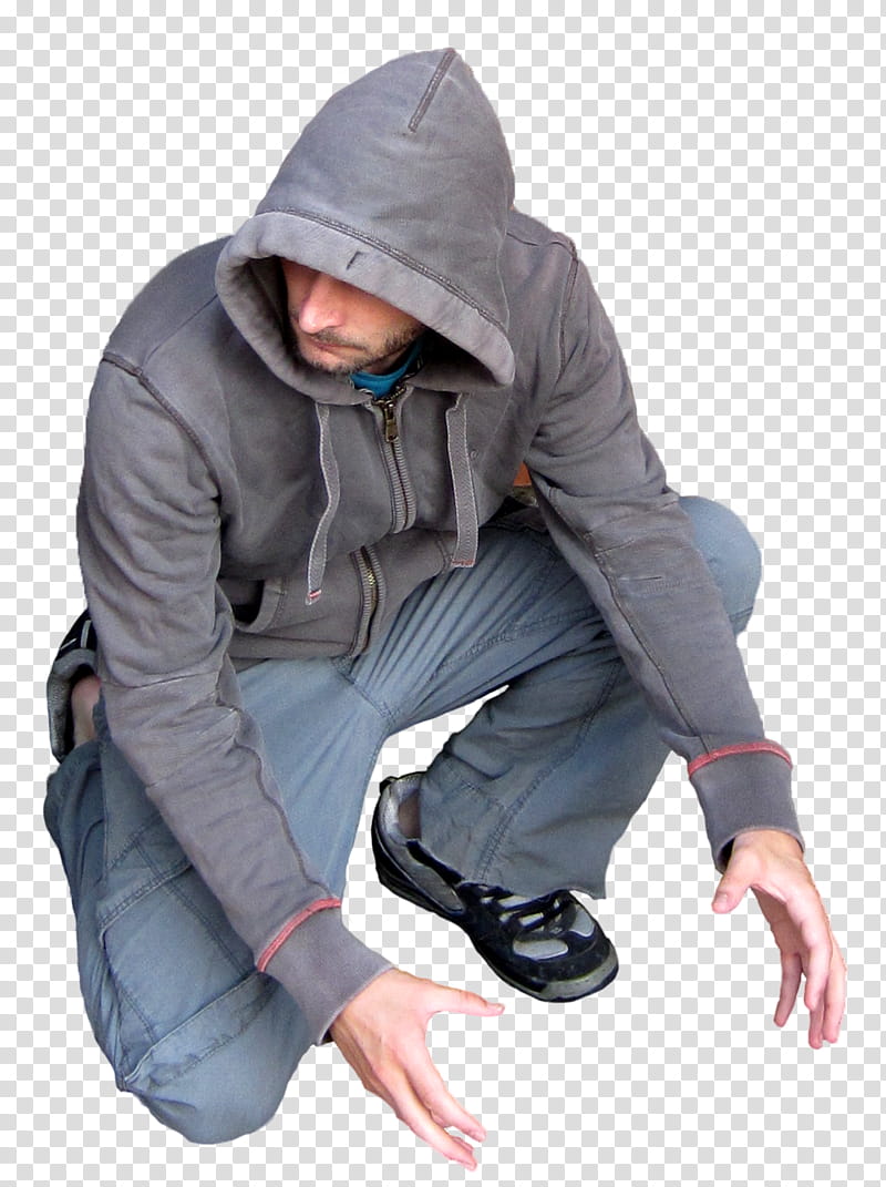 Crouching, crouching man wearing gray zip-up hoodie transparent background PNG clipart