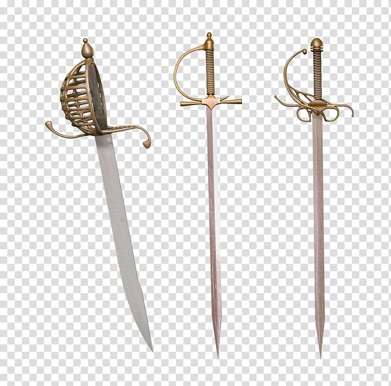 Swords, three brass-colored handled swords transparent background PNG clipart