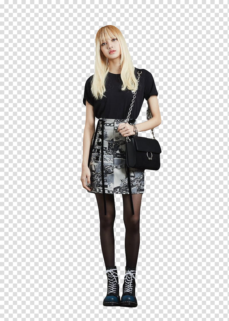 Lisa BLACKPINK, woman wearing black standing and holding bag transparent background PNG clipart