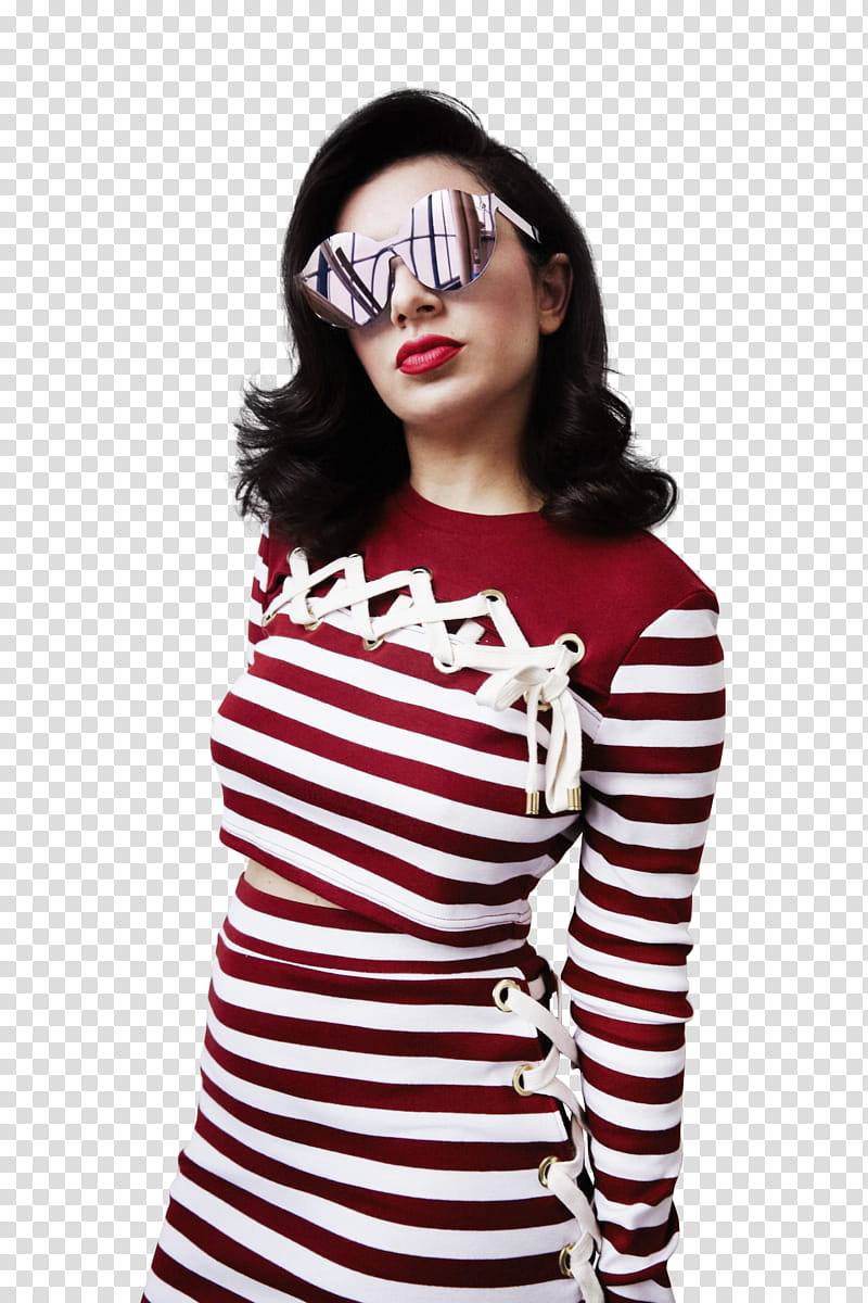 Charli XCX, woman wearing red and white striped crop top and oversize sunglasses transparent background PNG clipart