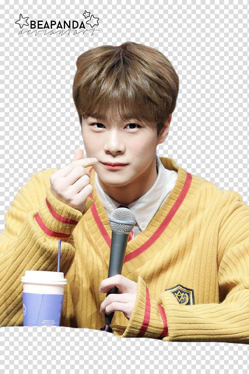 Moonbin ASTRO, man doing finger heart gesture while holding microphone transparent background PNG clipart
