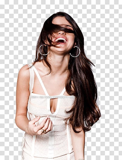 Selena Gomez , brunette woman in white spaghetti strap dress laughing transparent background PNG clipart