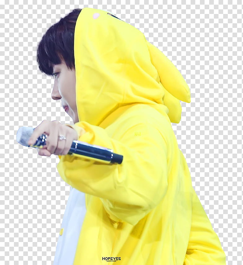 HOSEOK, man wearing yellow hooded overalls holding microphone transparent background PNG clipart