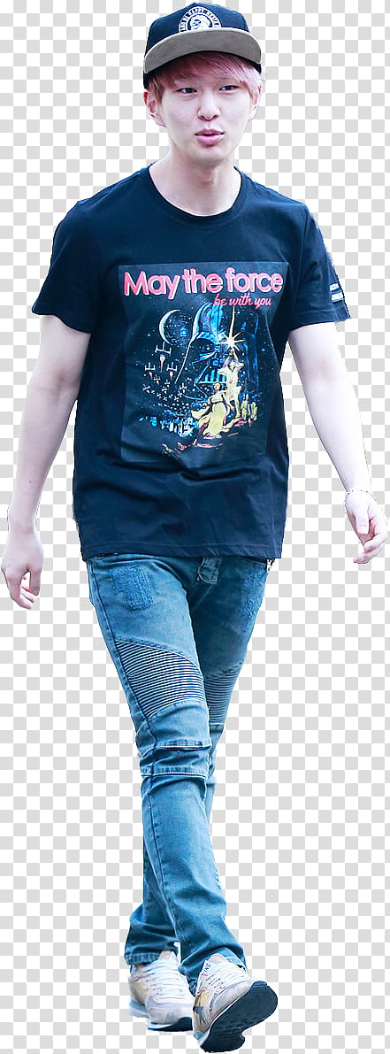 Onew SHINee, man wearing black t-shirt and blue denim jeans walking  transparent background PNG clipart