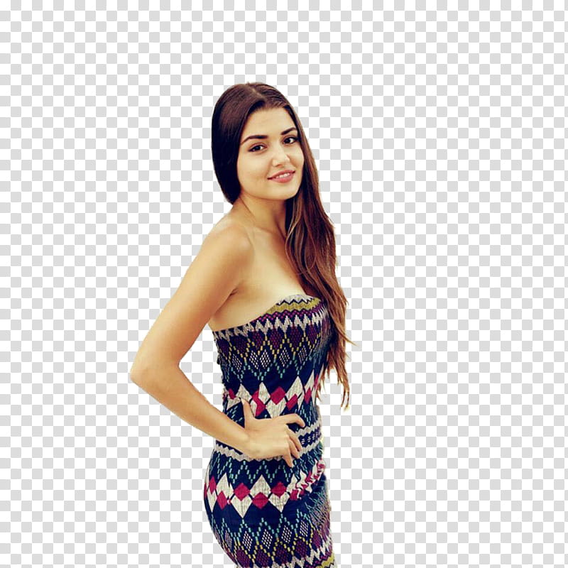 Hande Ercel, woman wearing blue and red dress transparent background PNG clipart