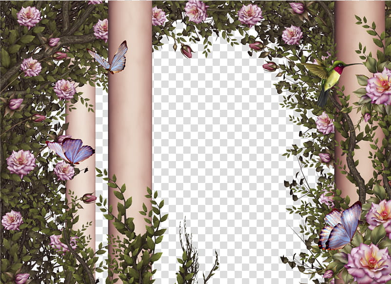 Humming Bird Paradise, pink petaled flowers decors transparent background PNG clipart
