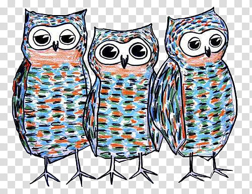 Nuevos, three blue and orange owls drawing transparent background PNG clipart