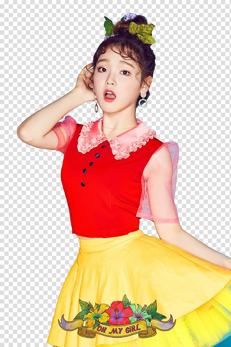 Oh My Girl Coloring Book Render , female artist wearing red and yellow dress transparent background PNG clipart