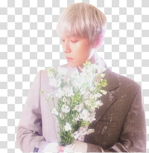 BaekHyun Blooming Day, man holding bouquet of white flowers transparent background PNG clipart thumbnail