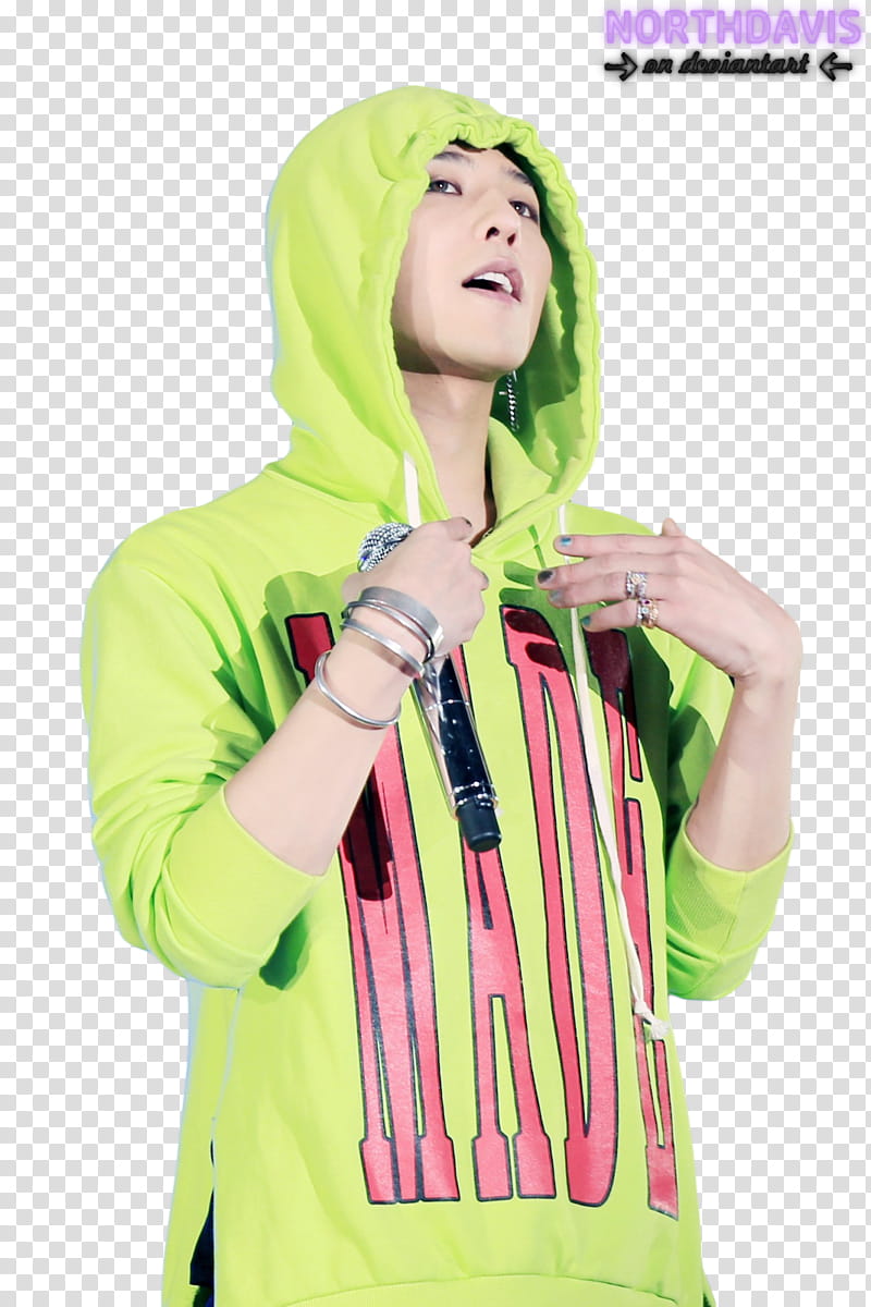G Dragon BIGBANG, man holding his green pullover hoodie transparent background PNG clipart