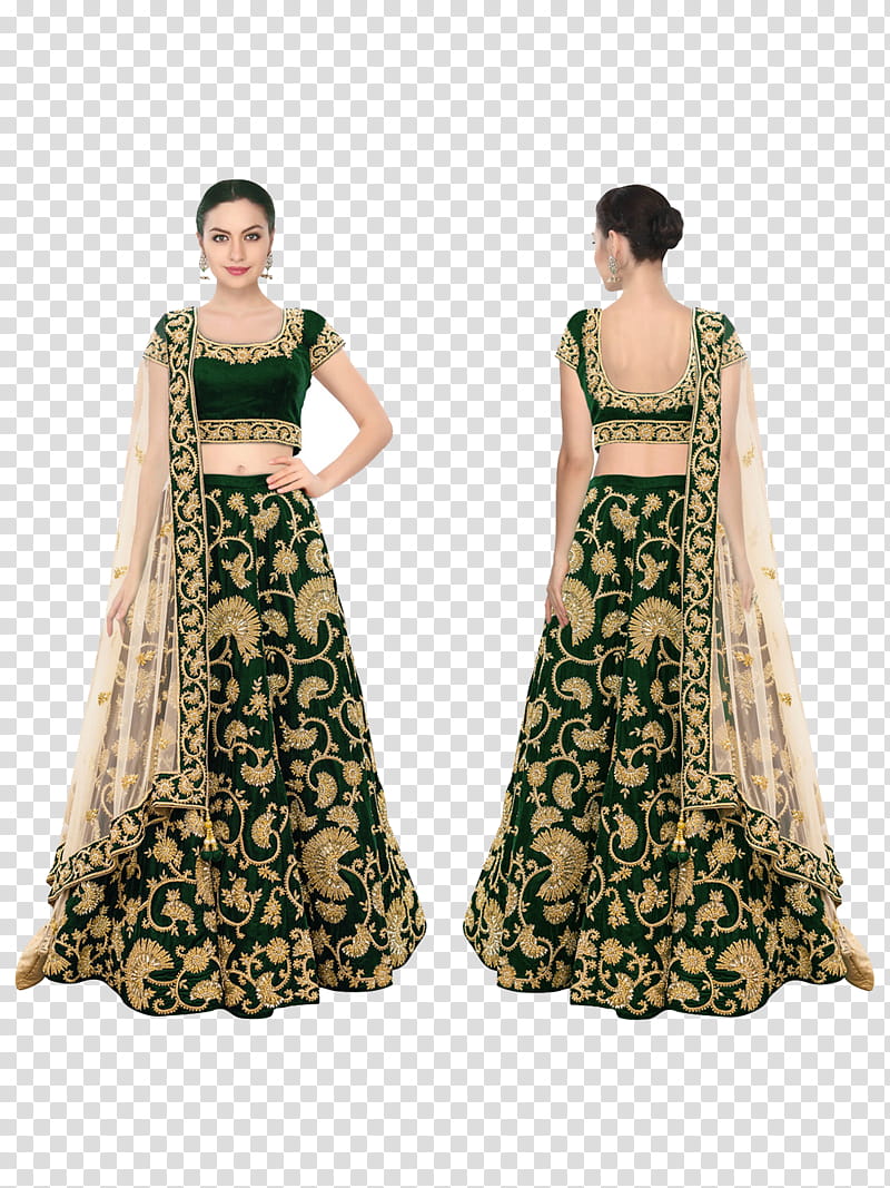 Wedding Design, Lehenga, Choli, Gagra Choli, Dupatta, Silk, Green, Velvet transparent background PNG clipart