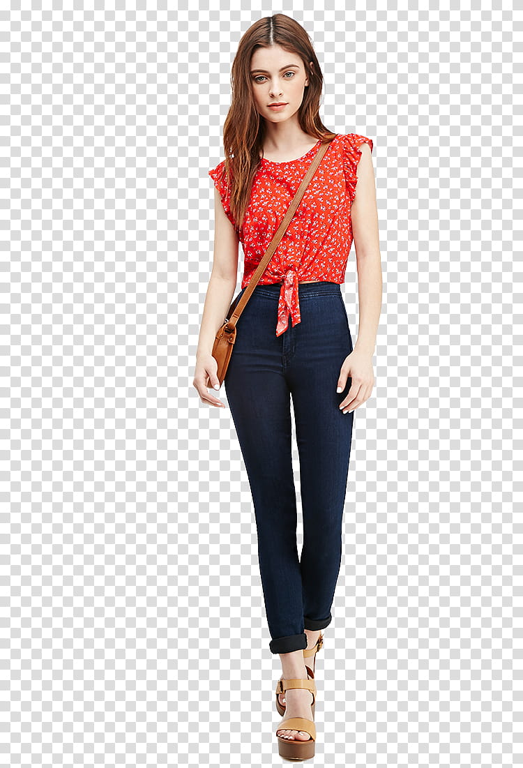 model , woman wearing red sleeveless top and blue denim pants transparent background PNG clipart