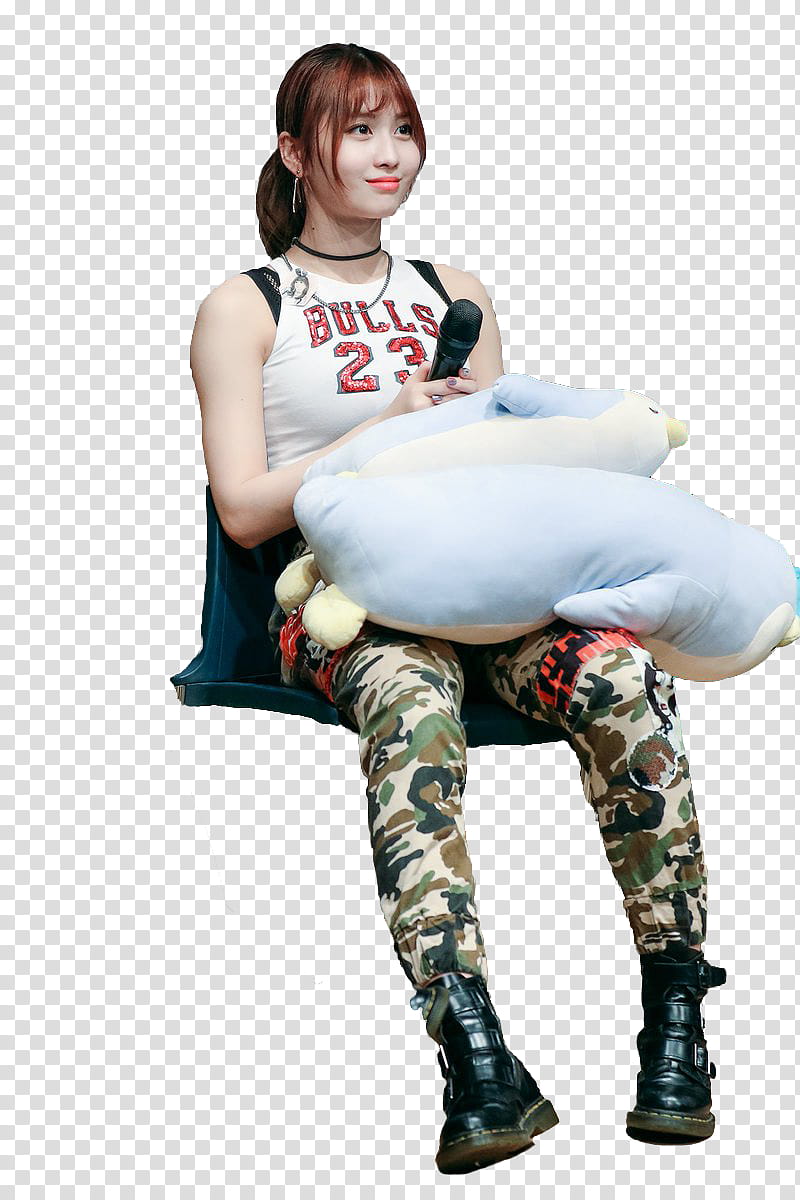 RENDER TWICE MOMO  s, woman sitting holding black microphone transparent background PNG clipart