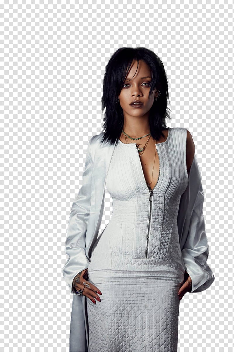Rihanna, woman wearing zip-up bodycon dress with white coat transparent background PNG clipart