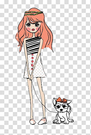 de, orange-haired girl cartoon character holding pet dog lace with dog illustration transparent background PNG clipart