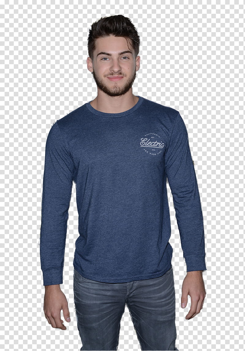 Cody Christian, smiling man wearing blue crew-neck long sleeved shirt with blue denim bottoms transparent background PNG clipart