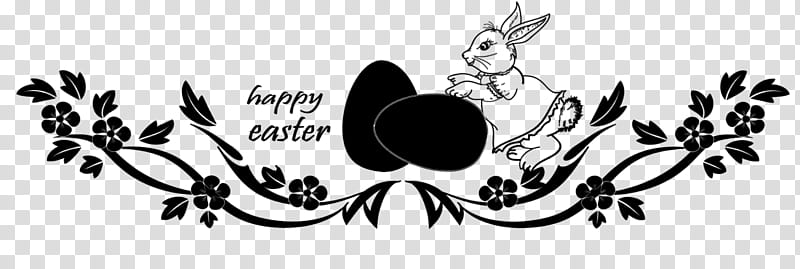 black and white Happy Easter text with vines, rabbit, and egg transparent background PNG clipart