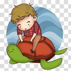 boy riding red and green turtle transparent background PNG clipart