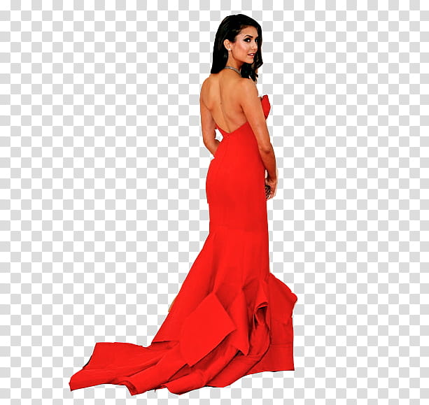 Nina Dobrev, woman standing wearing red backless maxi dress transparent background PNG clipart