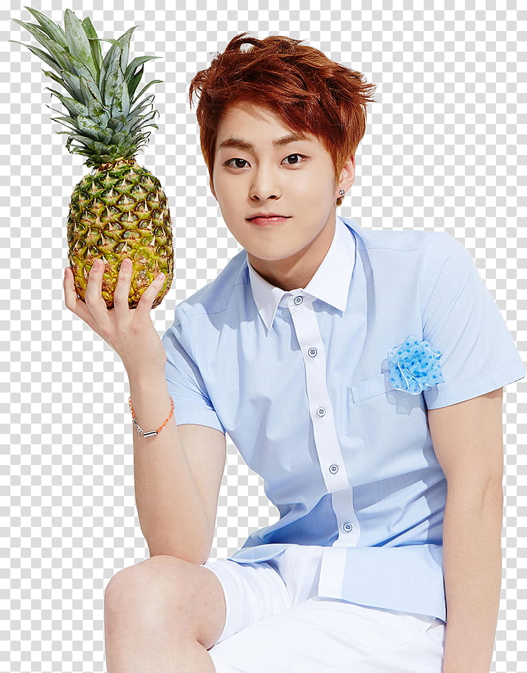 Render EXO For Ivy Club, man holding yellow and green pineapple fruit transparent background PNG clipart