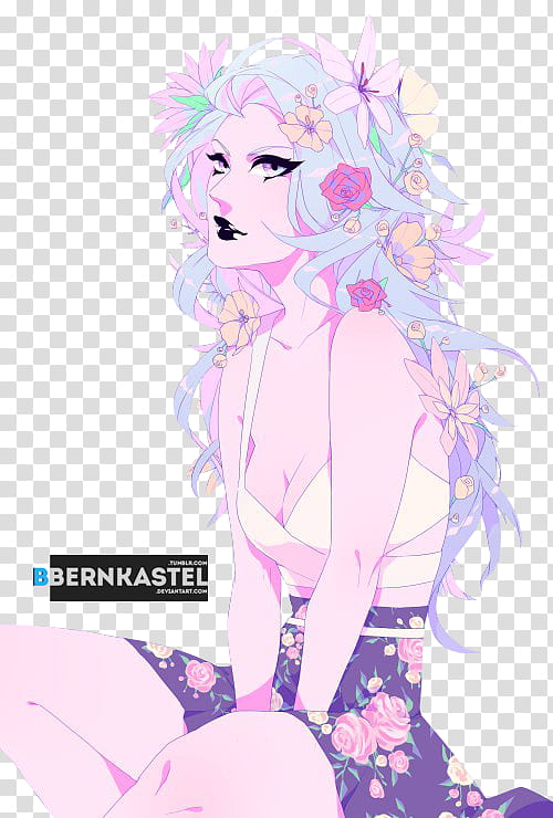 Flower Lady Render, purple and pink haired female anime character transparent background PNG clipart