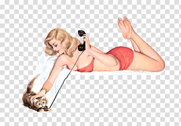 Ning Vintage pin up girls Pics, woman holding telephone and brown kitten transparent background PNG clipart