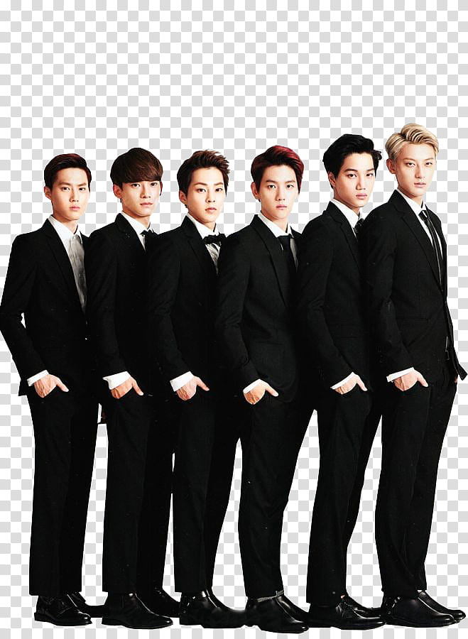 EXO Bazaar, six men in dress suits standing in a line transparent background PNG clipart