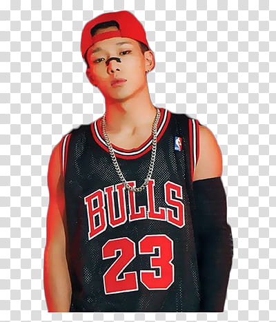 iKON WELCOME BACK, man wearing red and black Chicago Bulls # jersey transparent background PNG clipart