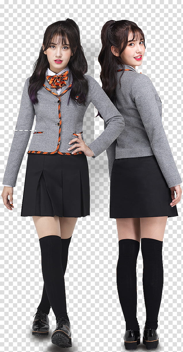 Somi Scoolooks, two standing women wearing gray-and-black uniform dresses transparent background PNG clipart