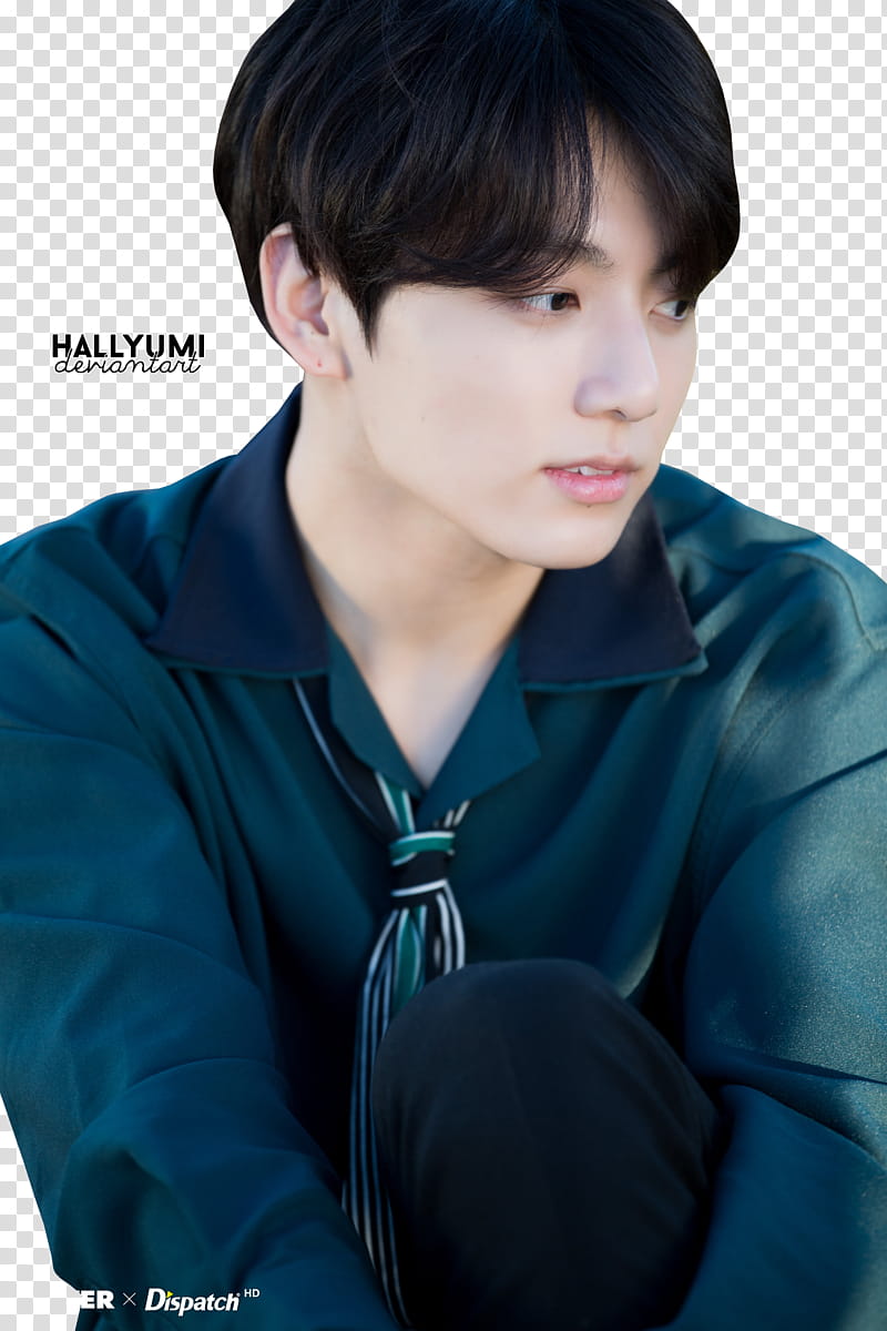 JungKook BTS TH ANNIVERSARY, man wearing black and green top looking down transparent background PNG clipart
